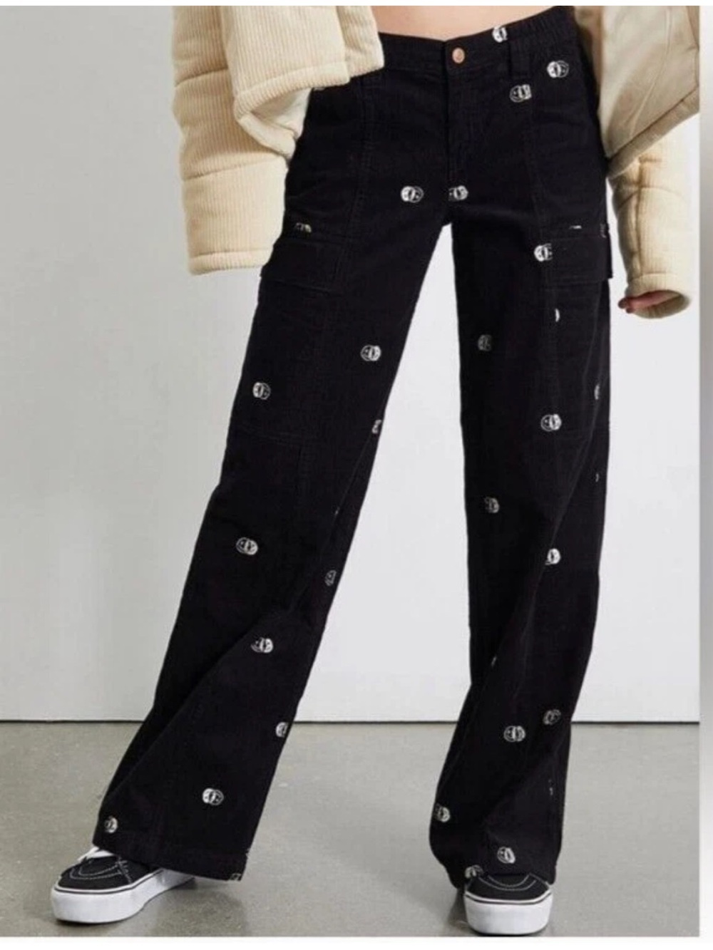 PacSun Wide Leg Black Low Rise Puddle Happy Face Pants Small